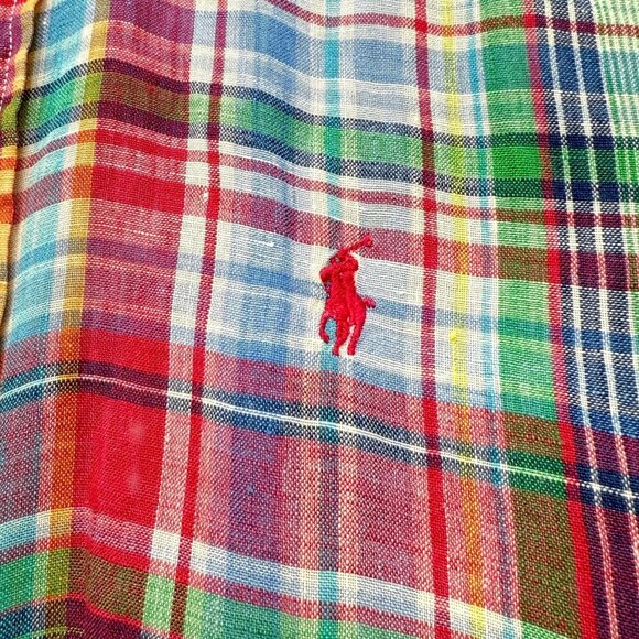 RALPH LAUREN Sport Linen Shirt Size 4 Womens Pink Green Plaid Long Sleeve Button - Picture 5 of 10